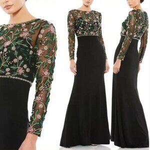 MAC DUGGAL 67870 BEADED ILLUSIONS HIGH NECK TRUMPET BLACK JERSEY GOWN sz 20